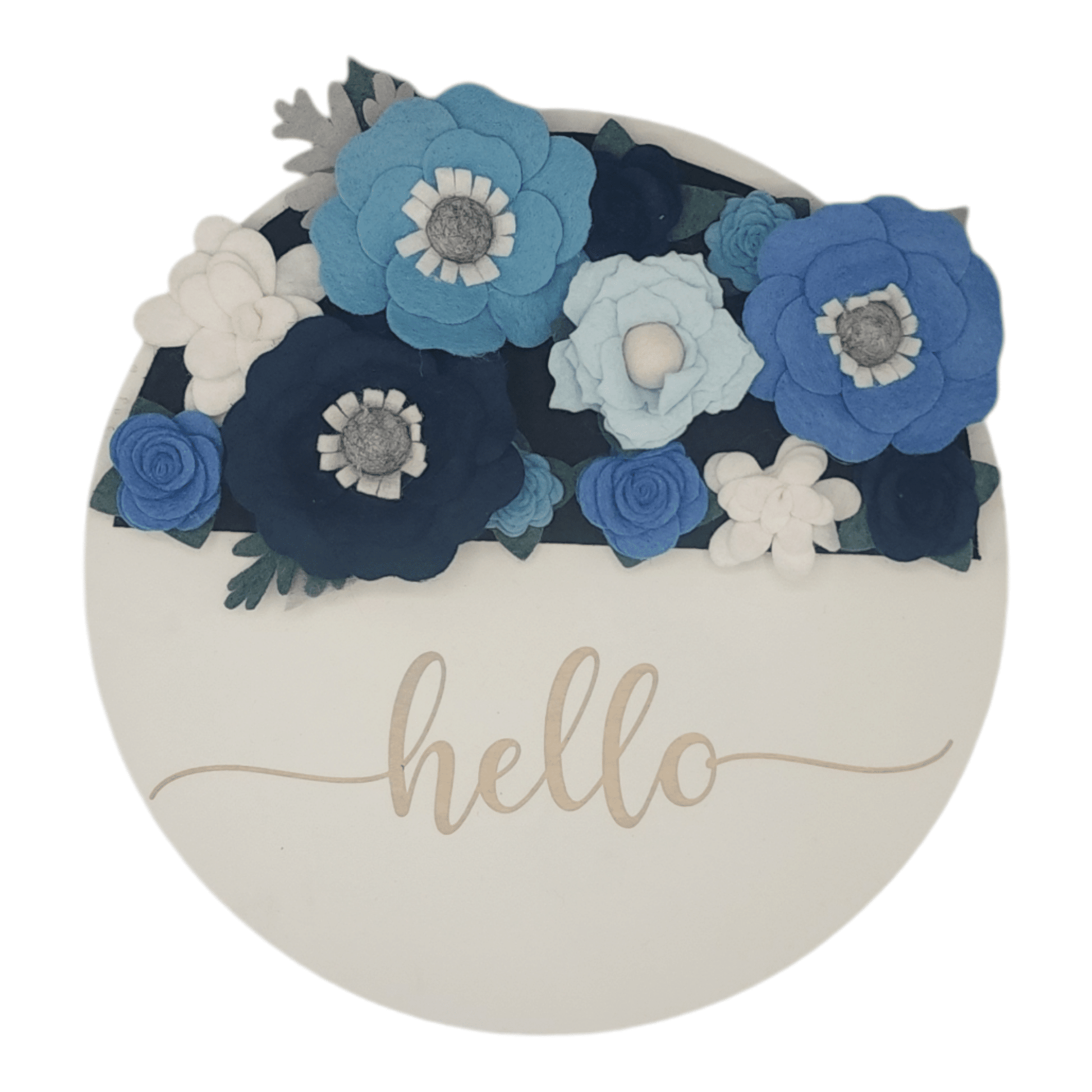 Winter wreath is a winter wonderland of blue and white felt flowers on a round white base reading "HELLO".