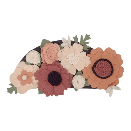 Wreath featuring felt flowers in variation of pink and white. Spring flower wreath