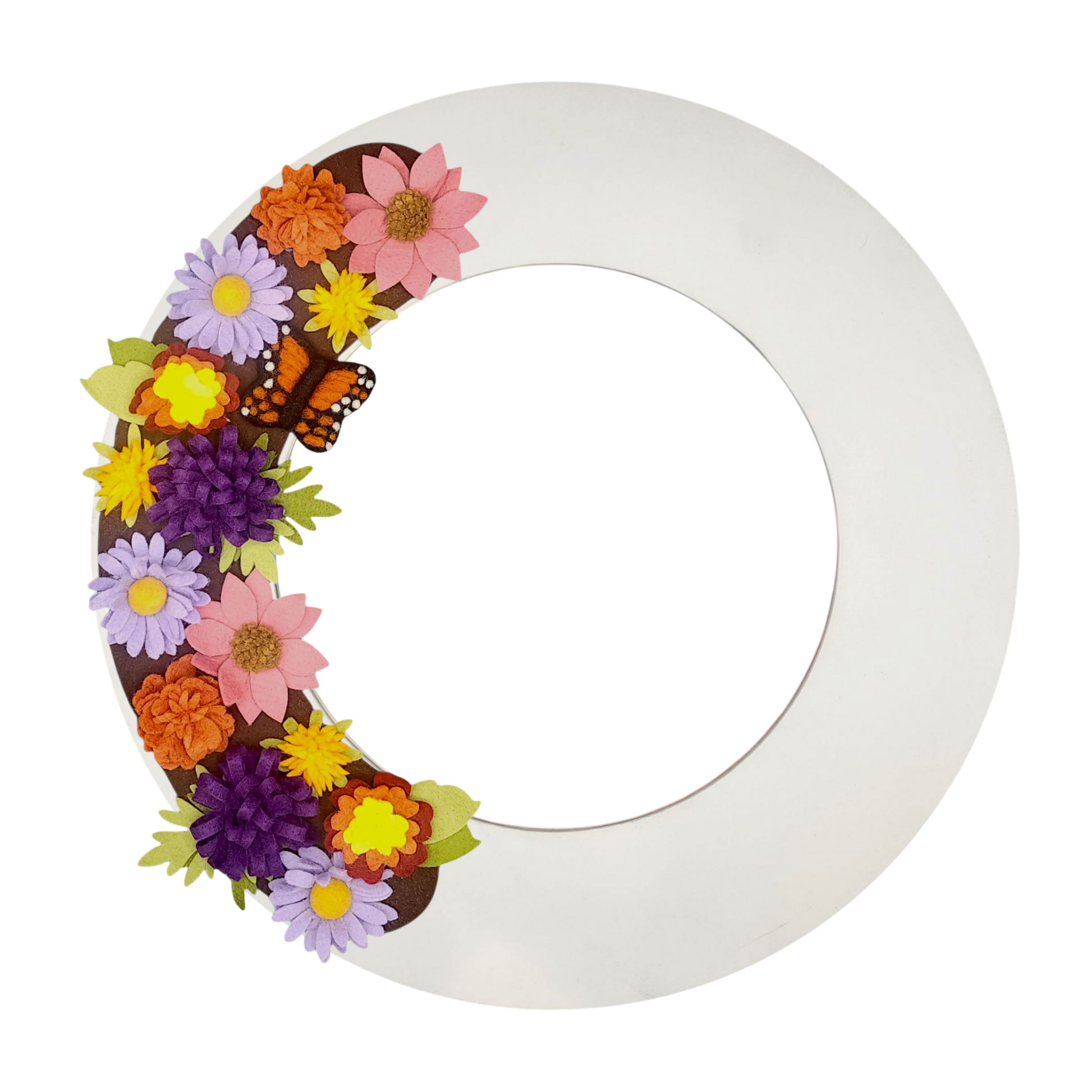 Fall-inspired wreath attachment decorated with monarch butterflies and late-season blooms.