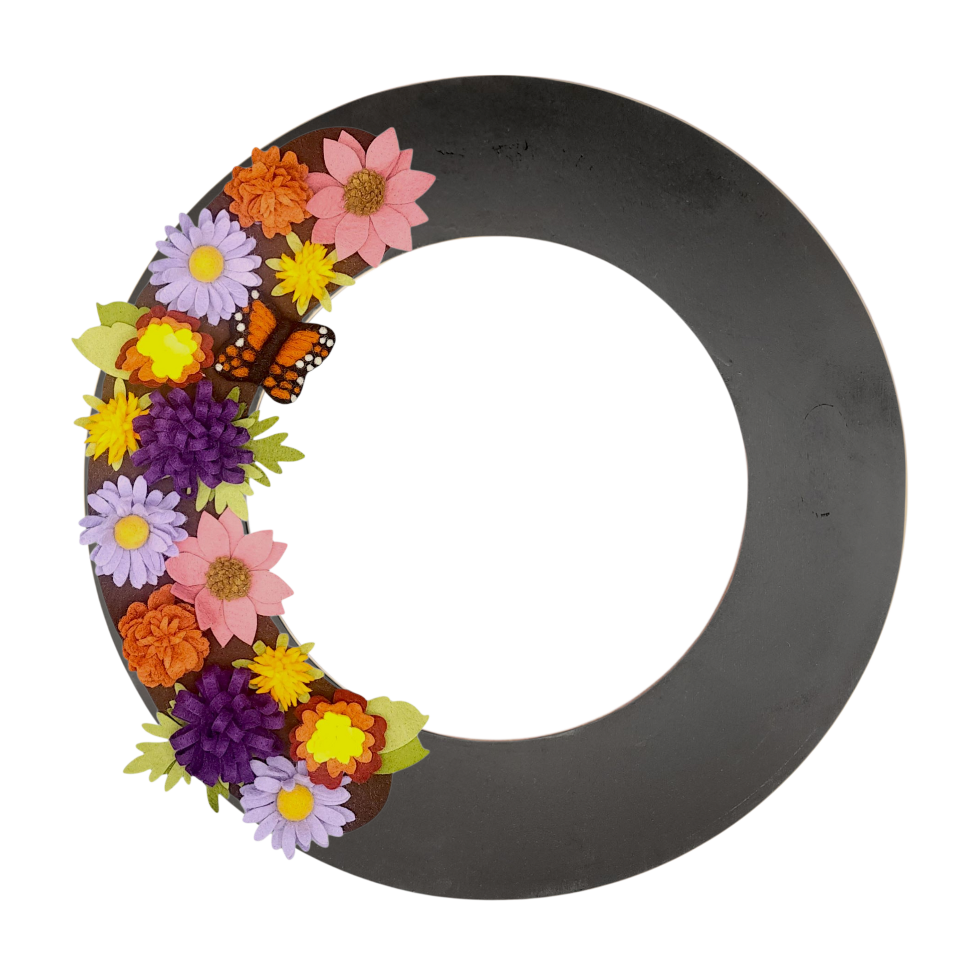 Wreath attachment featuring monarch butterflies surrounded by asters, lantana, milkweed, butterfly bush, and marigolds.