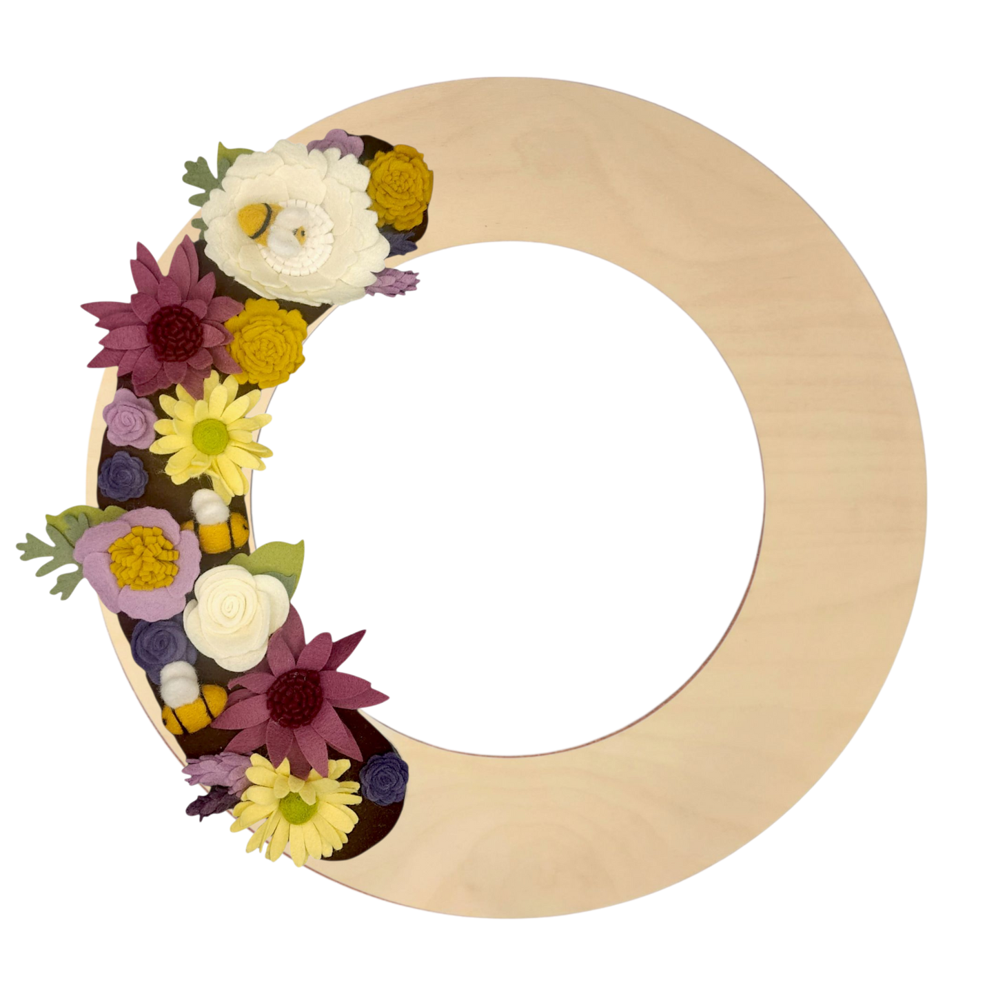 Ecoconscious wreath, an eco-friendly birch wreath featuring felt bees among vibrant purple and yellow flowers, promoting the "Save the Bees" movement.
