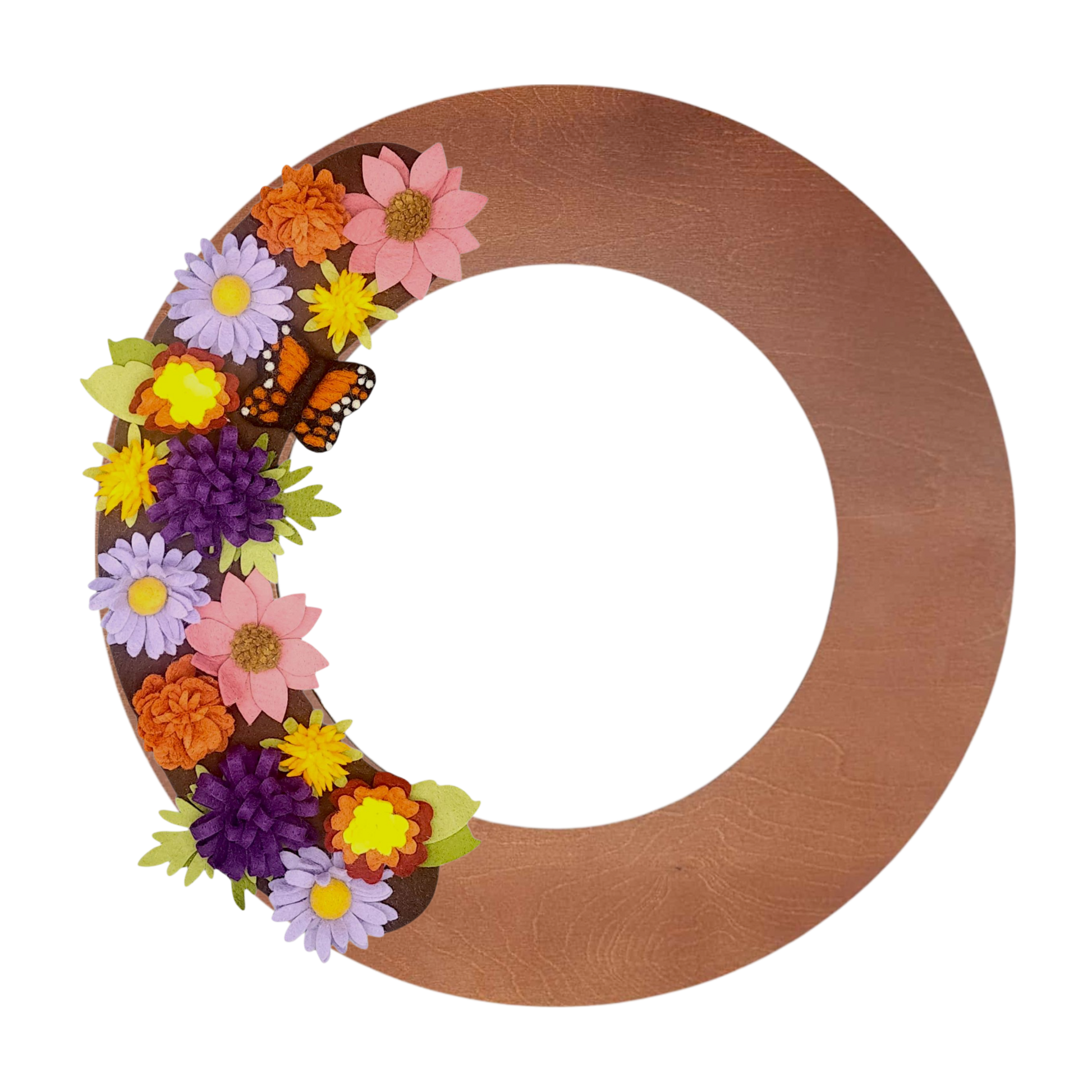 Monarch butterfly wreath attachment with fall flowers in orange, periwinkle, and violet.
