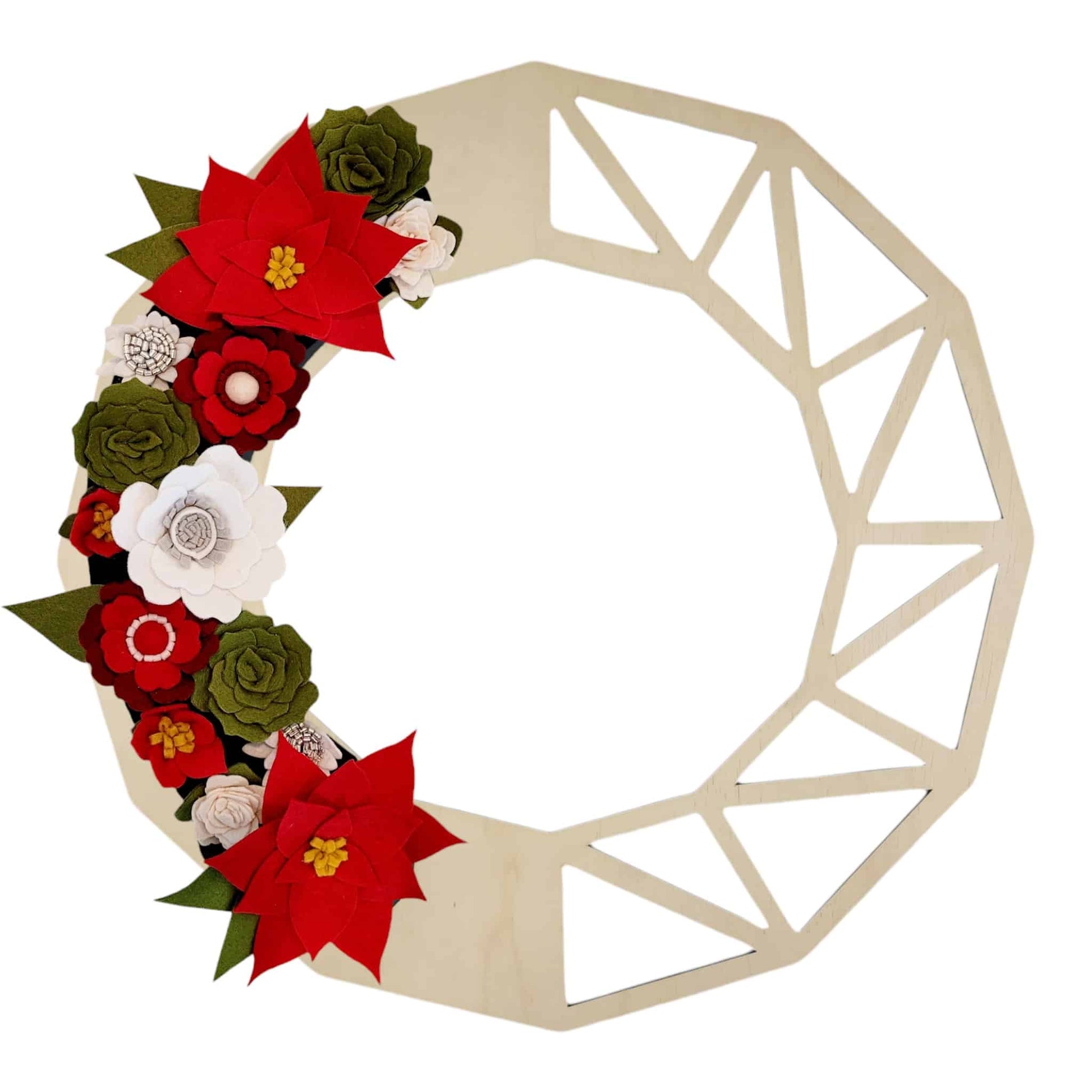 A festive Christmas wreath made with felt flowers, featuring vibrant red poinsettias for a classic holiday touch.