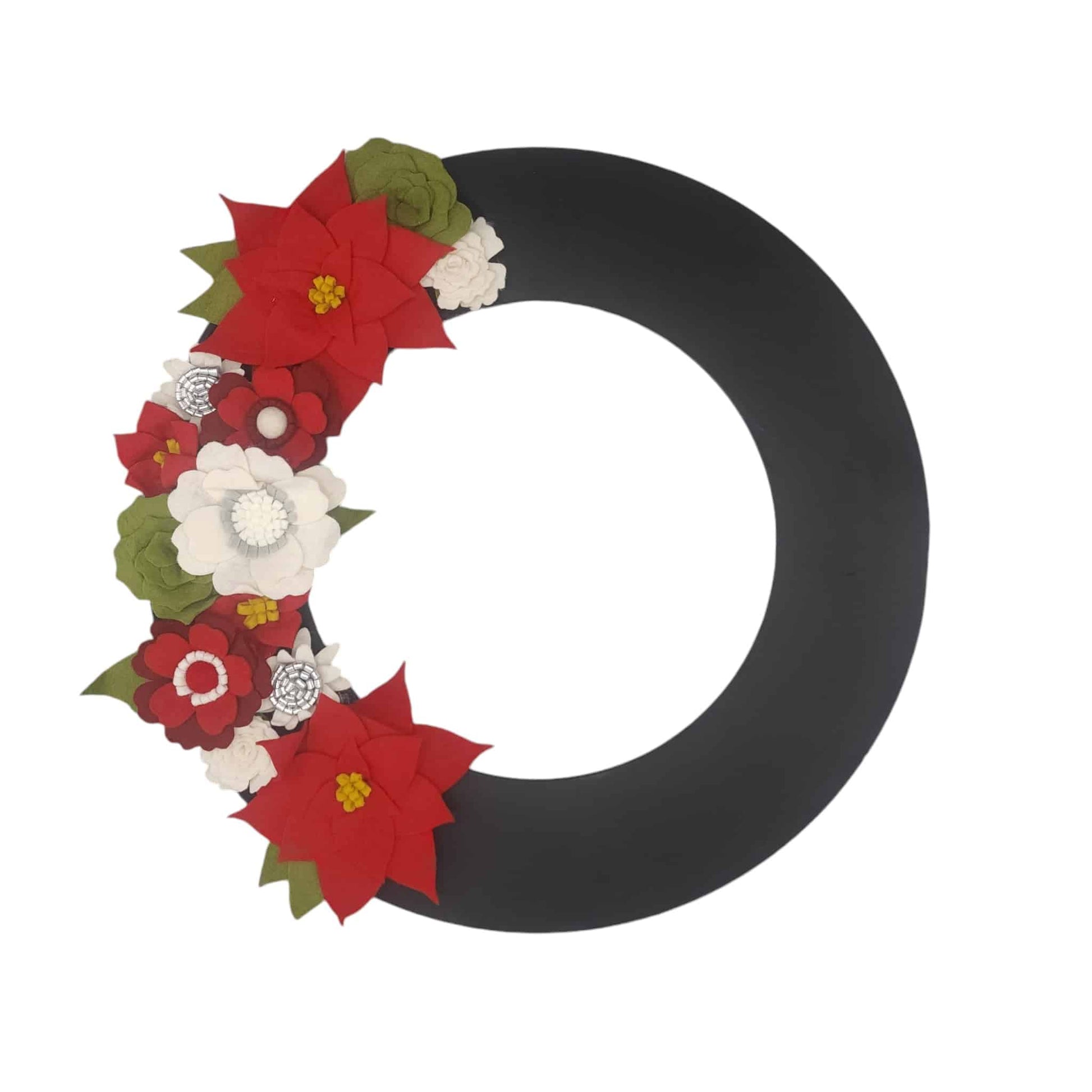 The eco-friendly felt flowers create a cozy, handcrafted look, making this wreath a charming addition to any holiday entrance.