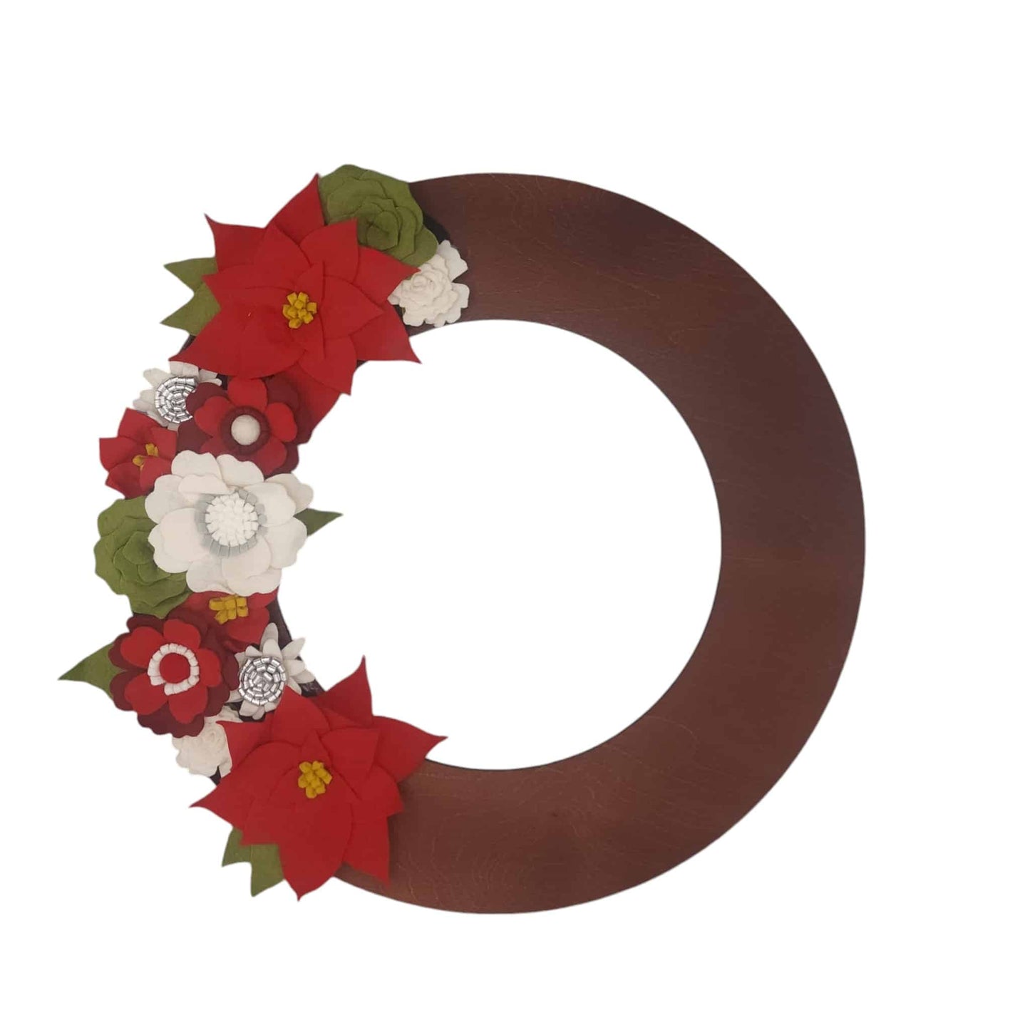 A festive Christmas wreath made from felt flowers, featuring vibrant red poinsettias for a classic holiday touch and make for a perfect gift wreath.