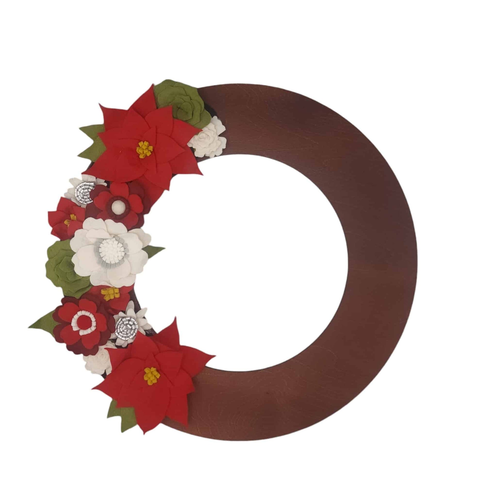 A festive Christmas wreath made from felt flowers, featuring vibrant red poinsettias for a classic holiday touch and make for a perfect gift wreath.