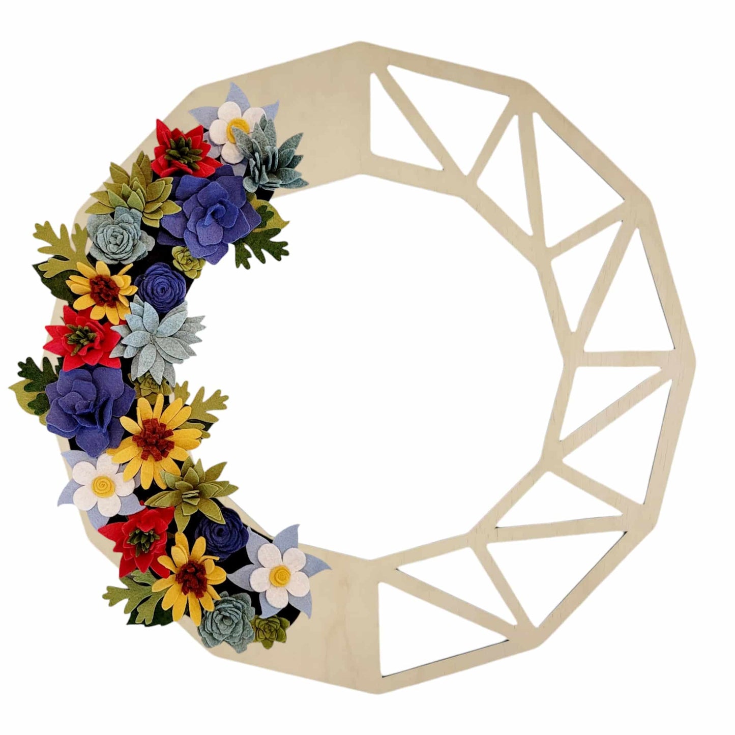 A wreath of Colorado wildflowers like columbines and sunflowers on a birch base, accented with greenery for a natural touch.