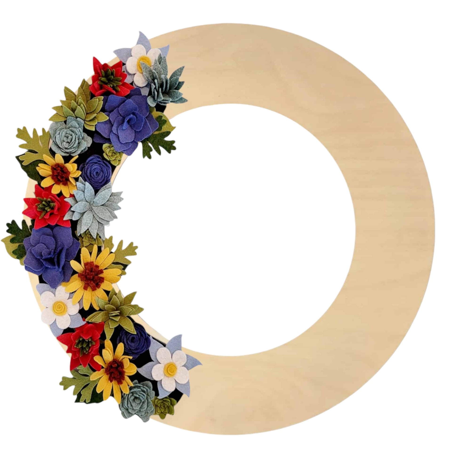 A colorful wreath of Colorado wildflowers, including columbines and sunflowers, arranged on a birch base with greenery accents.