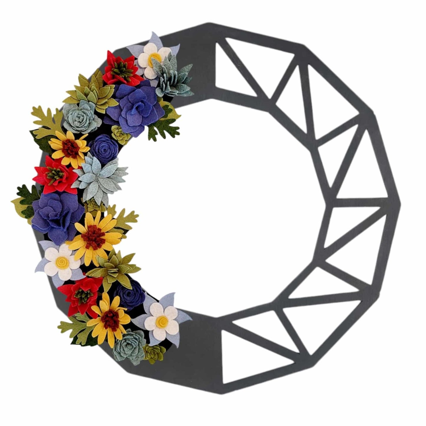 A wreath of Colorado wildflowers like columbines and sunflowers on a black twig base, accented with greenery for a natural touch.