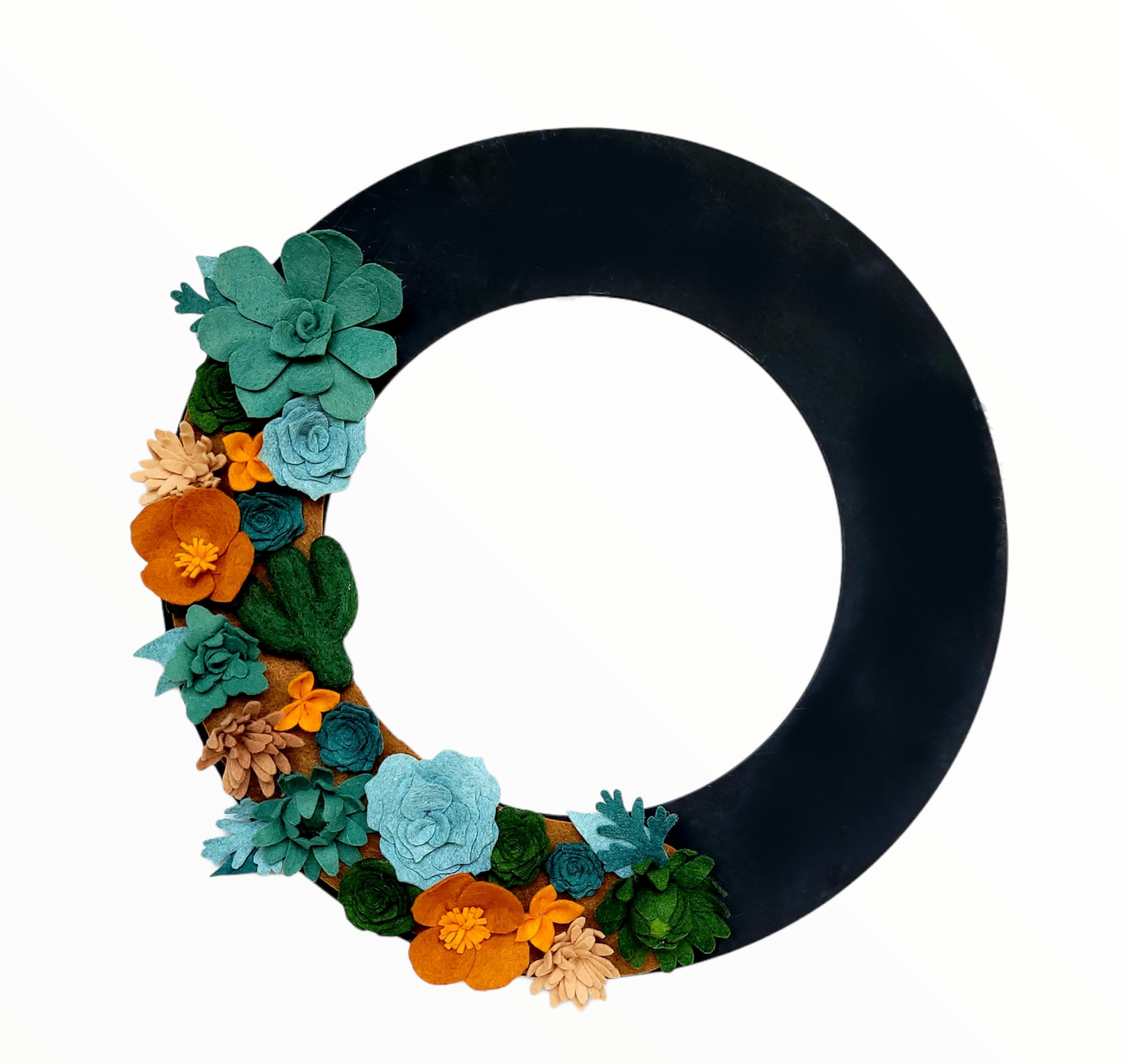 Custom, interchangeable, eco-friendly, Arizona desert flower wreath attachment on a black wreath base - ADORND Décor