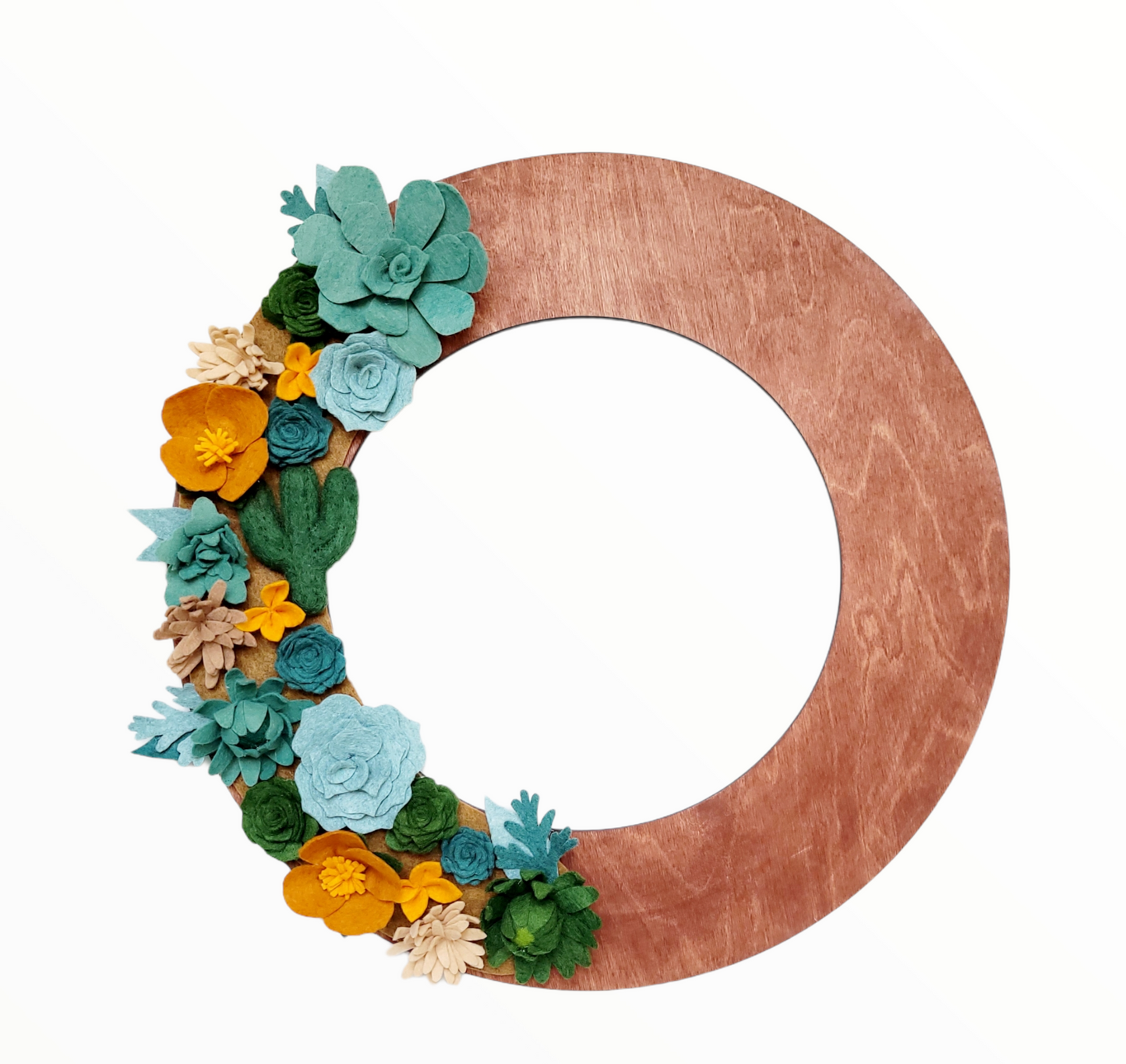 Custom, interchangeable, eco-friendly, Arizona desert flower wreath attachment on a walnut wreath base - ADORND Décor