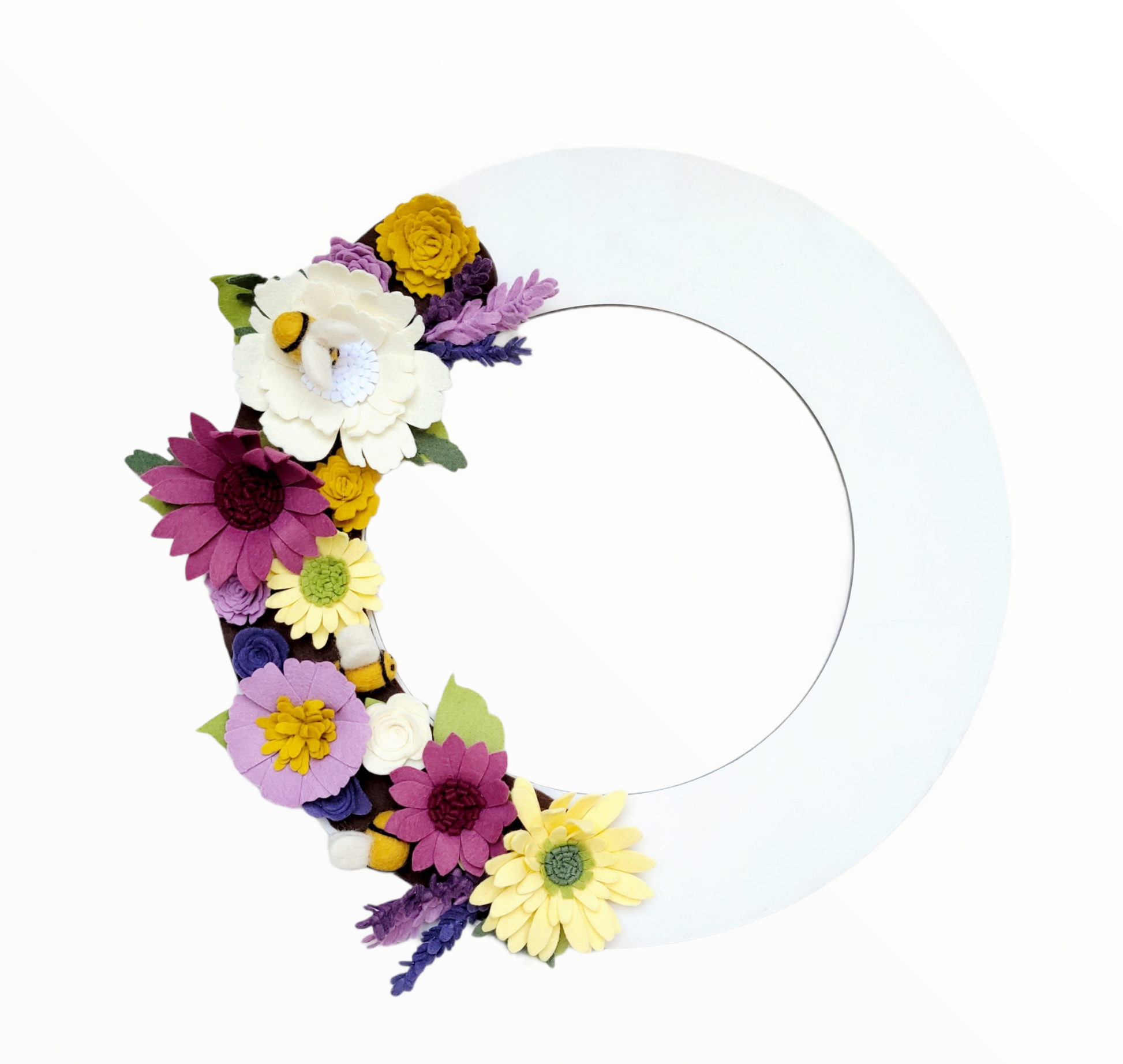 Custom, interchangeable, eco-friendly, save the bees wreath attachment on a white wreath base - ADORND Décor