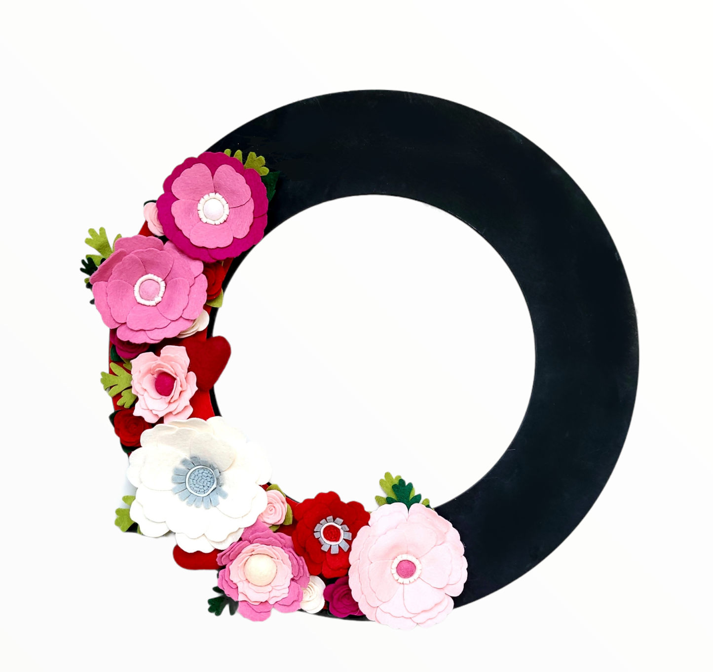 Custom, interchangeable, eco-friendly holiday Valentine's wreath attachment on a black wreath base - ADORND Décor