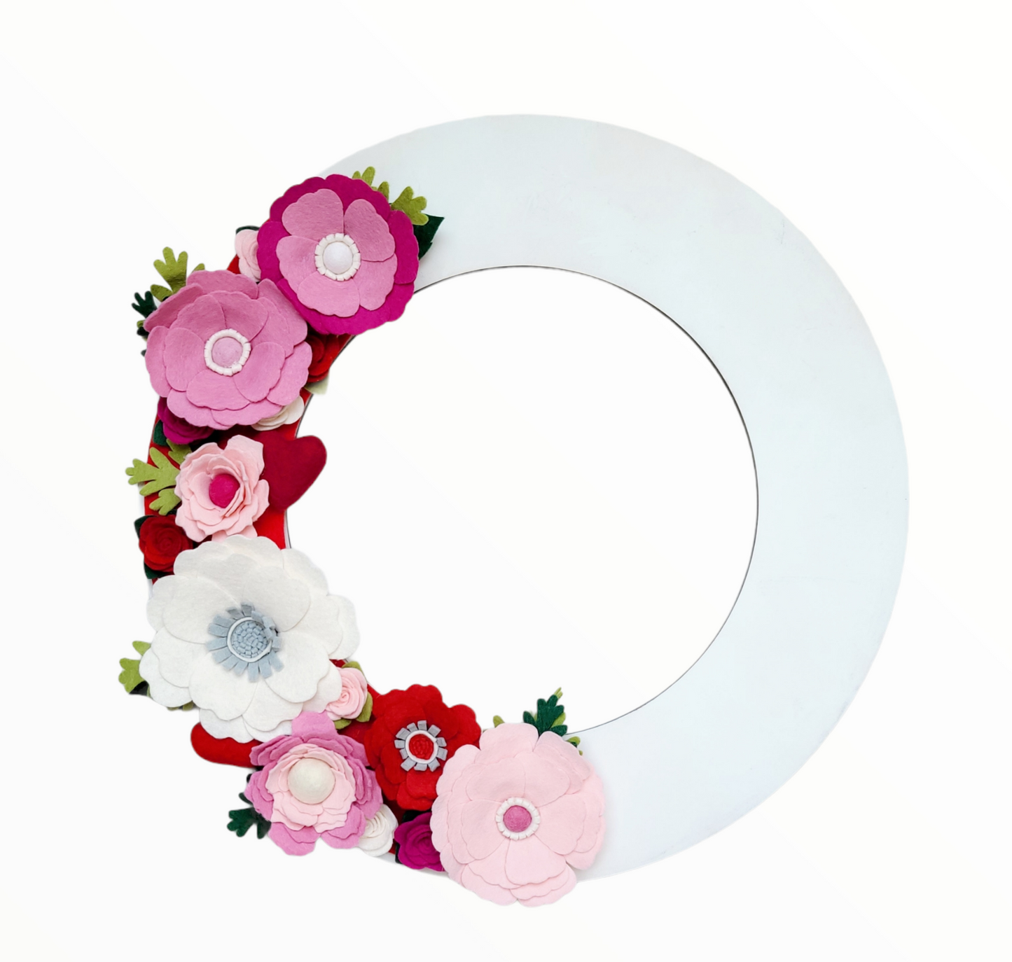 Custom, interchangeable, eco-friendly holiday Valentine's wreath attachment on a white wreath base - ADORND Décor