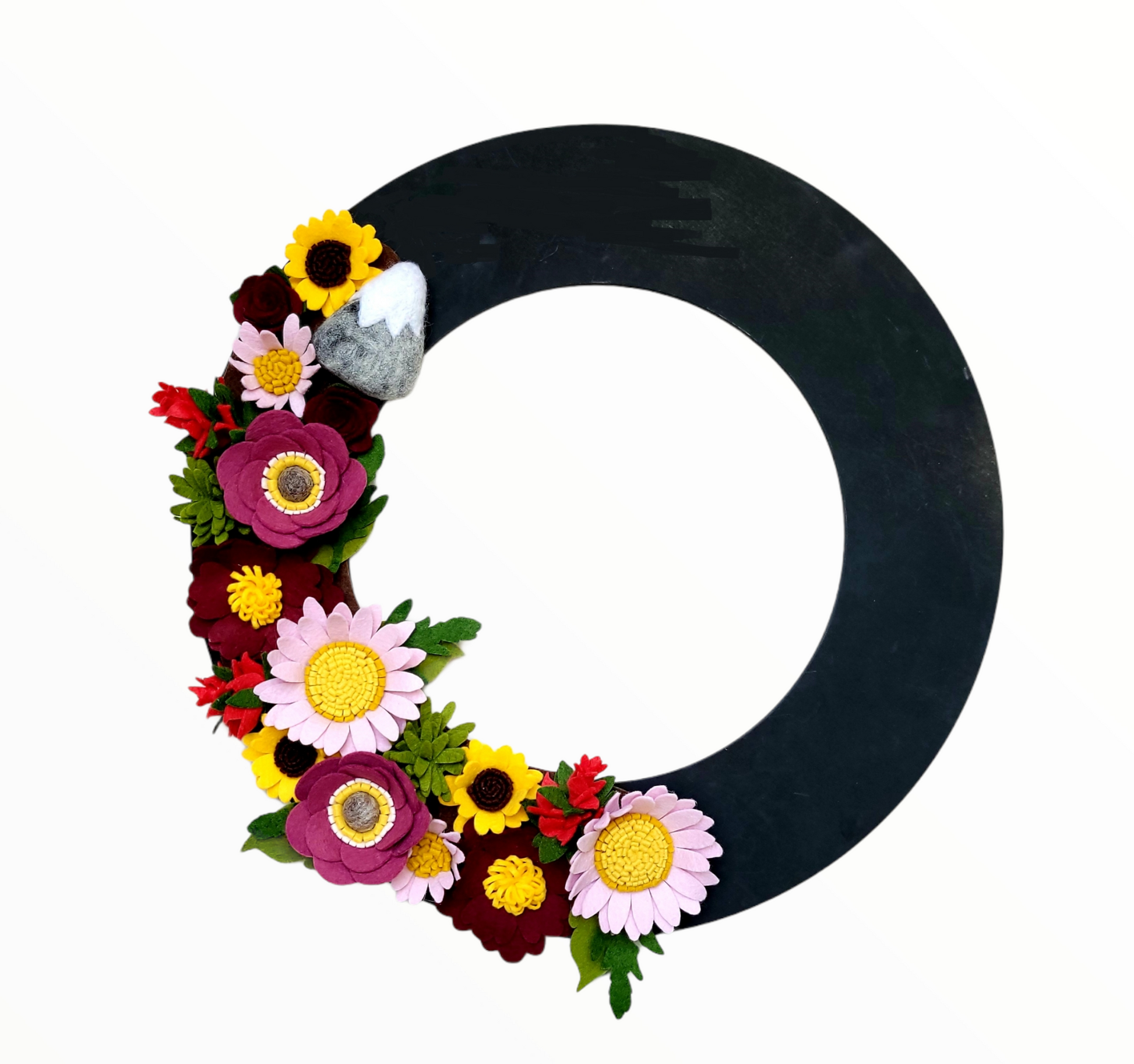 Custom, interchangeable, eco-friendly, Washington Mt. Rainier wreath attachment on a black wreath base - ADORND Décor